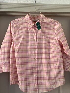 L.L.Bean Wild Berry Plaid Button-Down Shirt 3/4 sleeve size L NWT